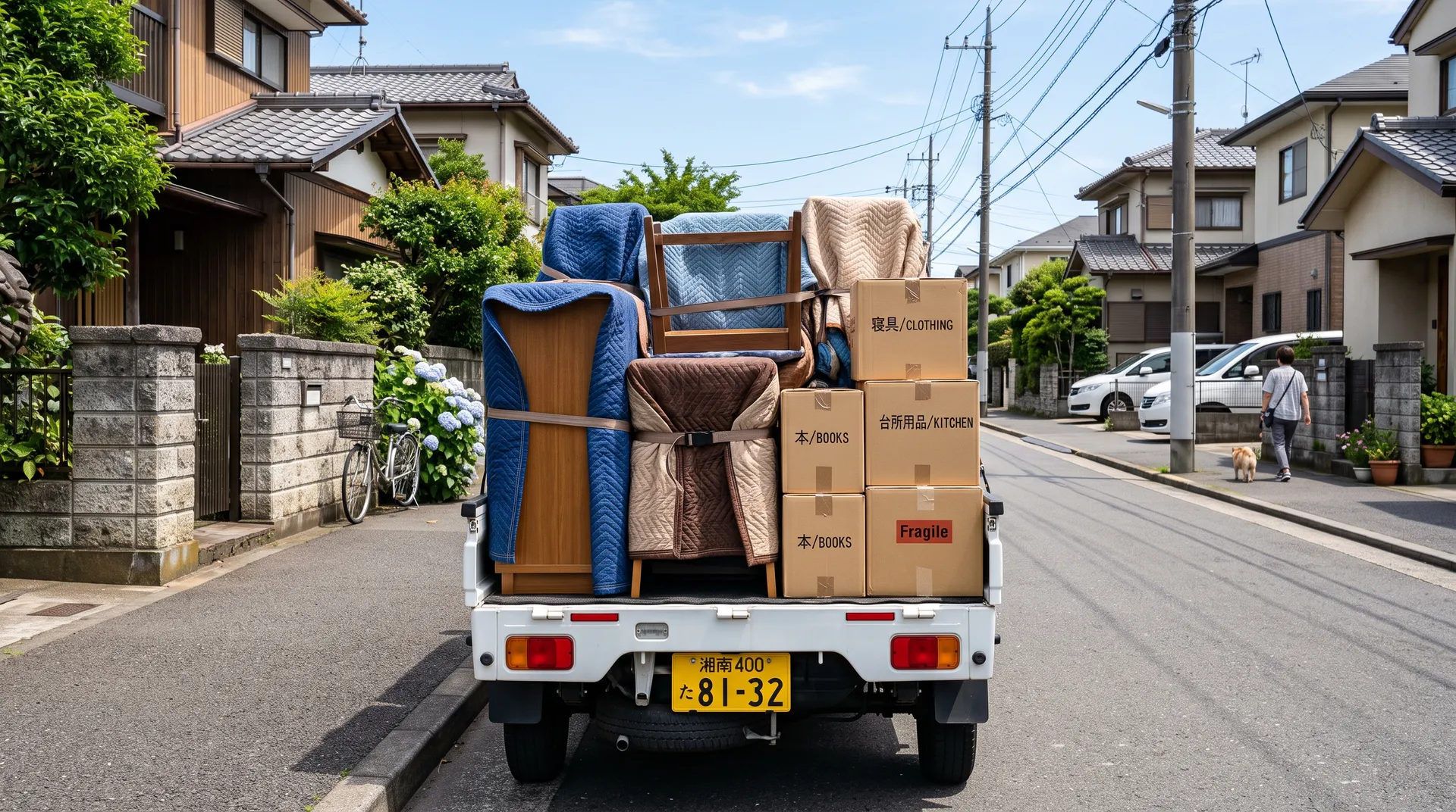 家具や箱が整理して積まれたトラックの荷台