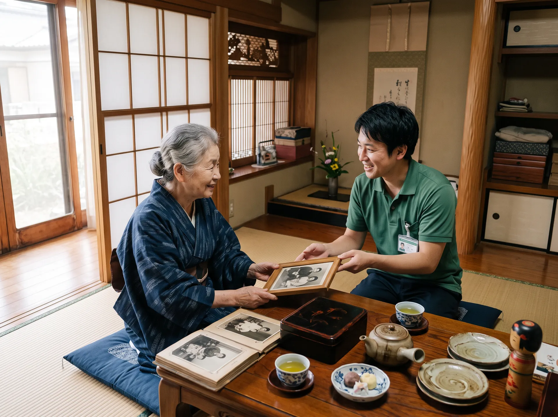 ご家族と品物を一緒に確認しているスタッフ