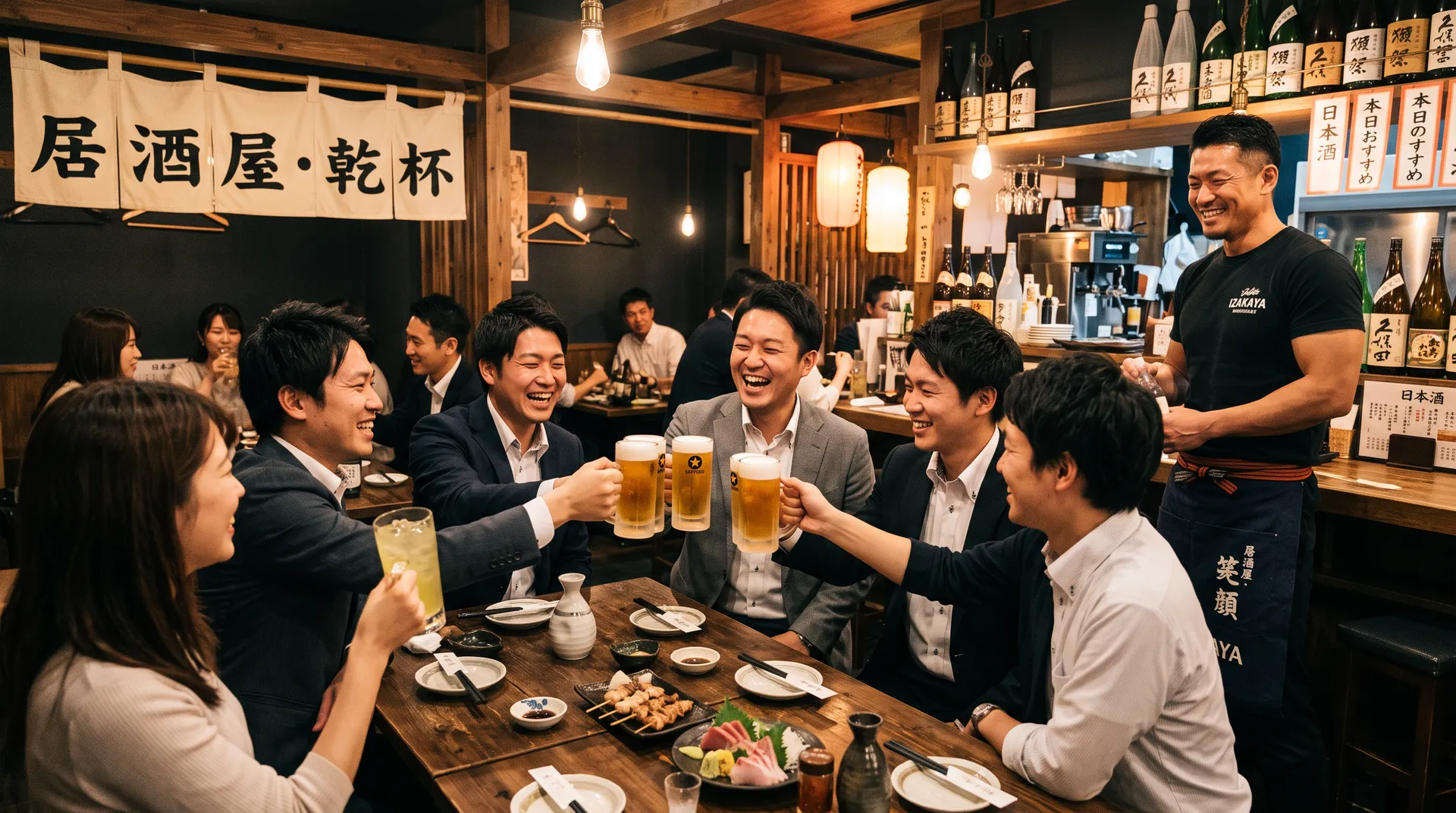 店舗で人が集まり乾杯する様子