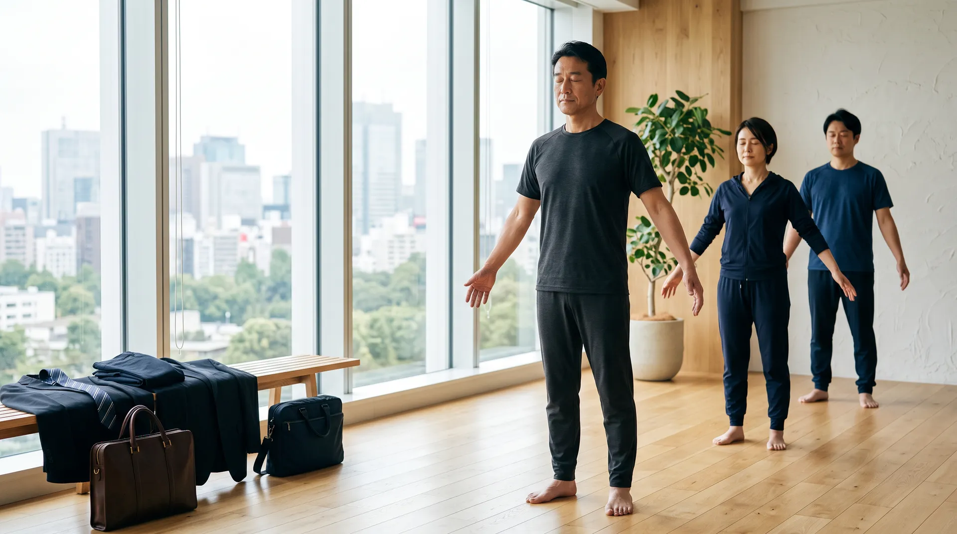 ビジネスパーソンが朝の呼吸法とやさしい動きを行う様子