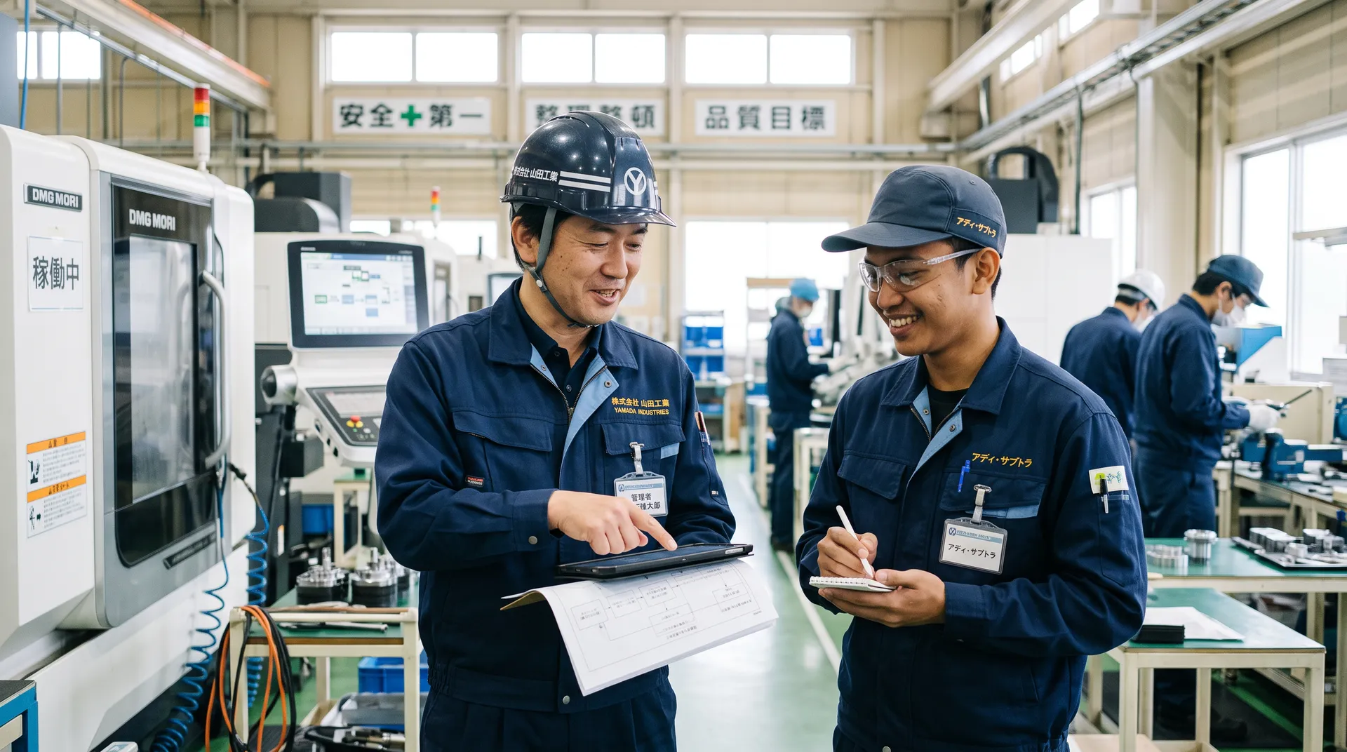 外国人材と企業スタッフが職場で話し合う様子