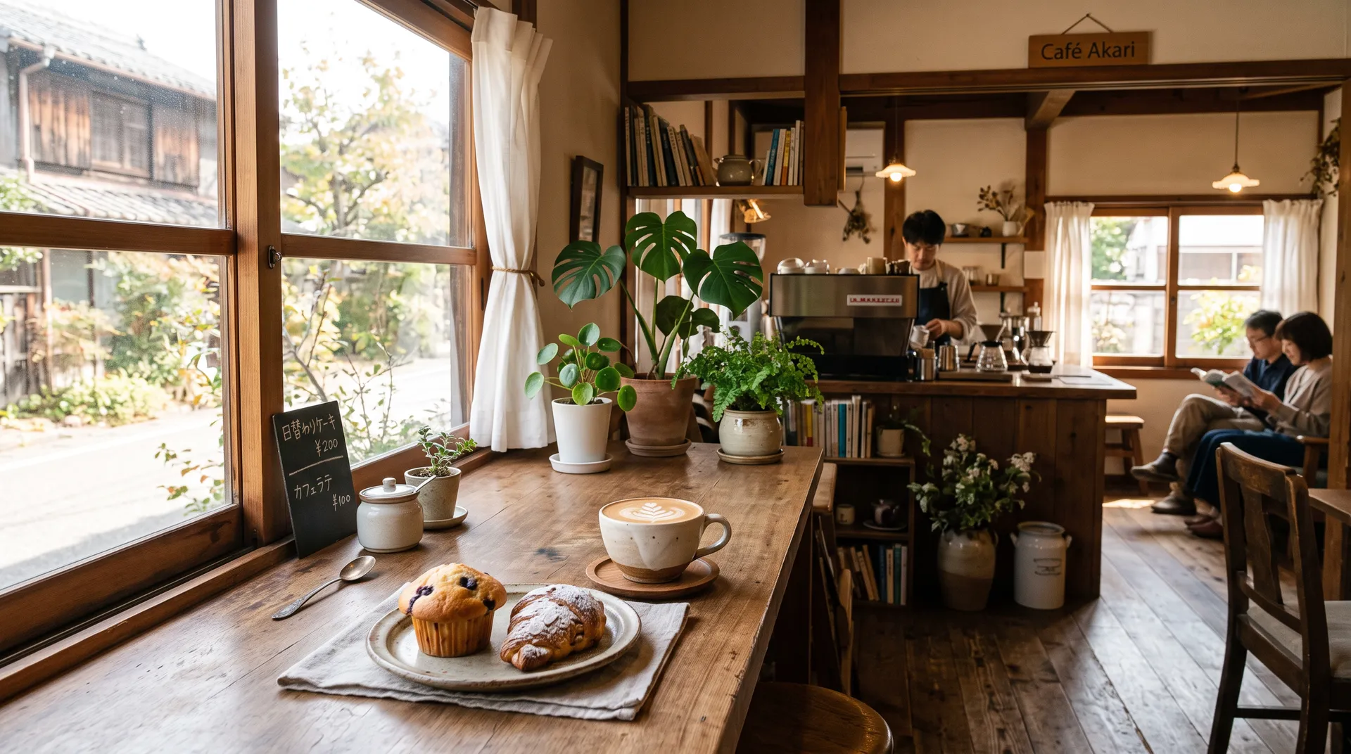 日差しの入る木の温もりのあるカフェの店内
