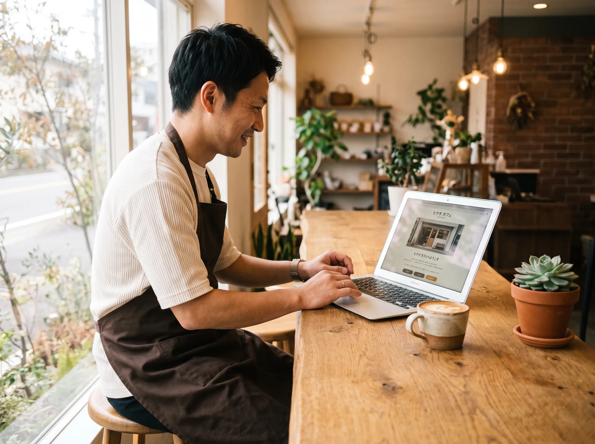 ノートパソコンで自分のお店のホームページを確認する店主