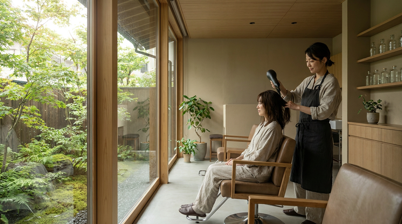 鳥取市のプライベートヘアサロン マイポートフォリオサイトの内観とスタイリング風景