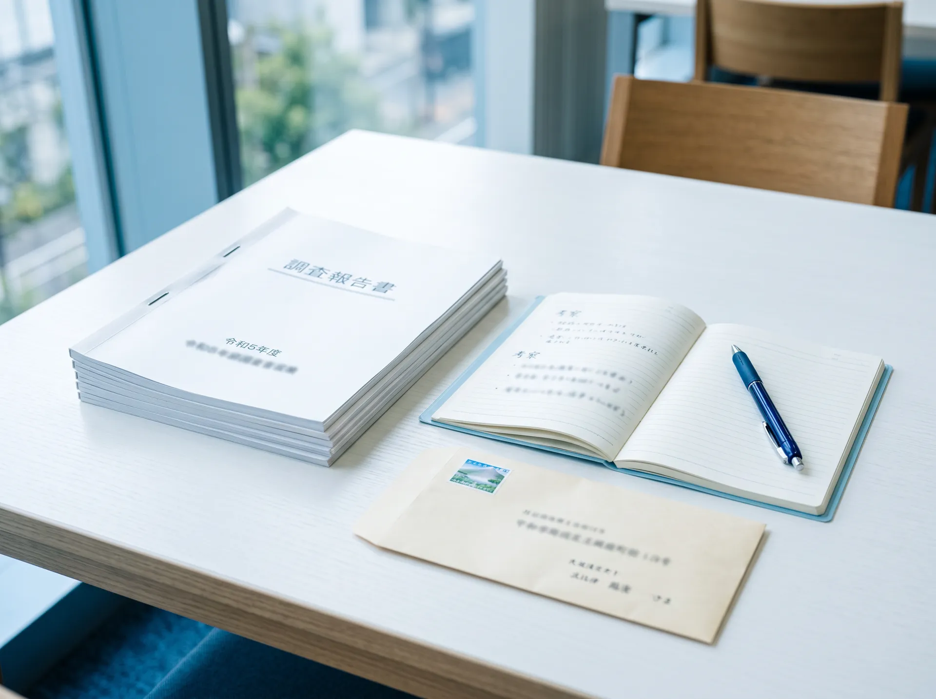 机の上に整理された調査報告書