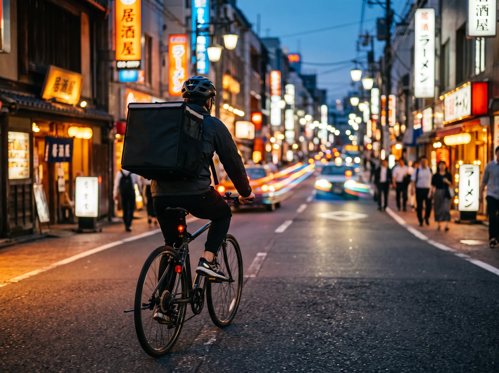 街を走るフードデリバリーの配達員