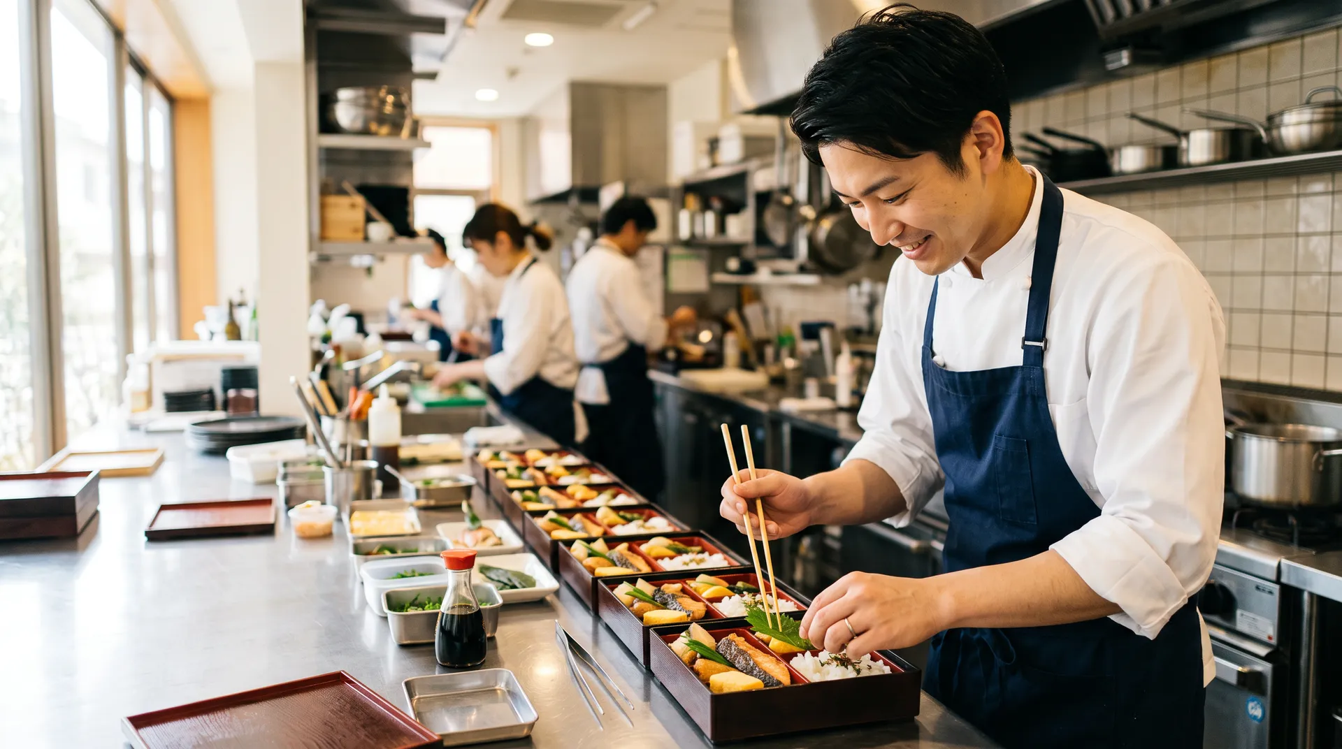 デリバリー用の弁当を仕上げる厨房