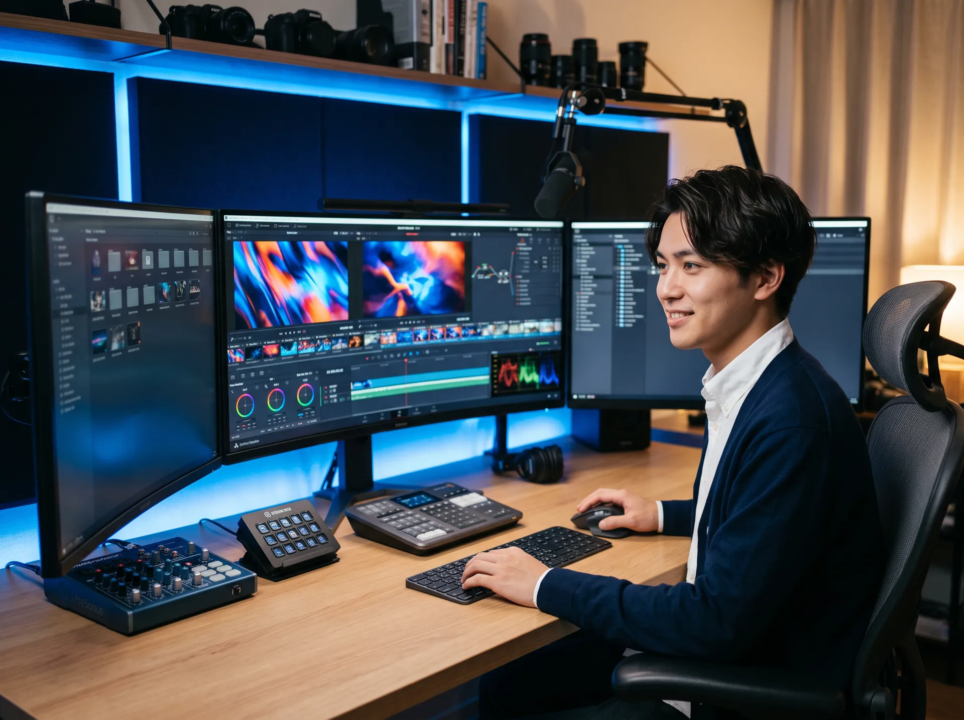 編集ソフトのタイムライン画面と仕上がった映像がモニターに映っているイメージ