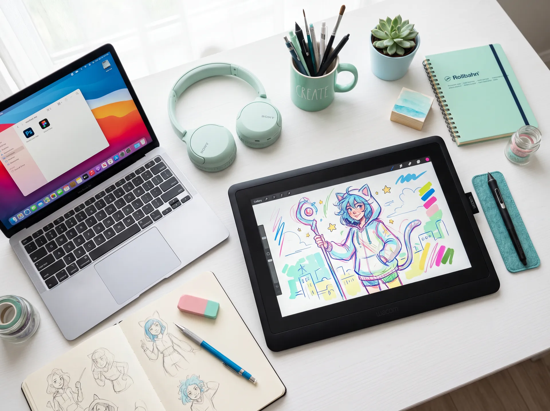 ペンタブレットとスケッチブックが置かれた明るいデスク