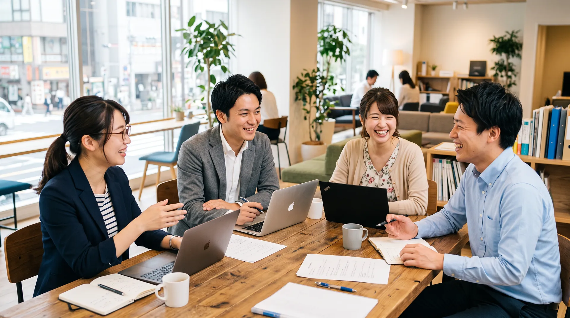 笑顔で打ち合わせをする若手スタッフ