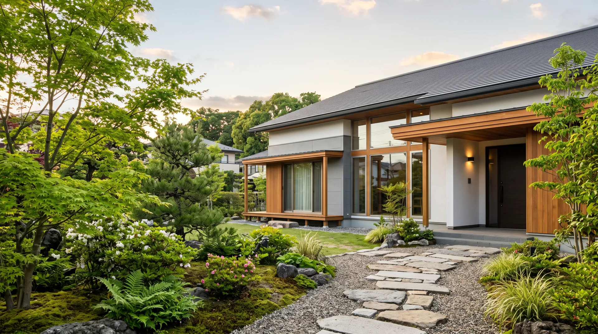 現代的なデザインの戸建て住宅と庭