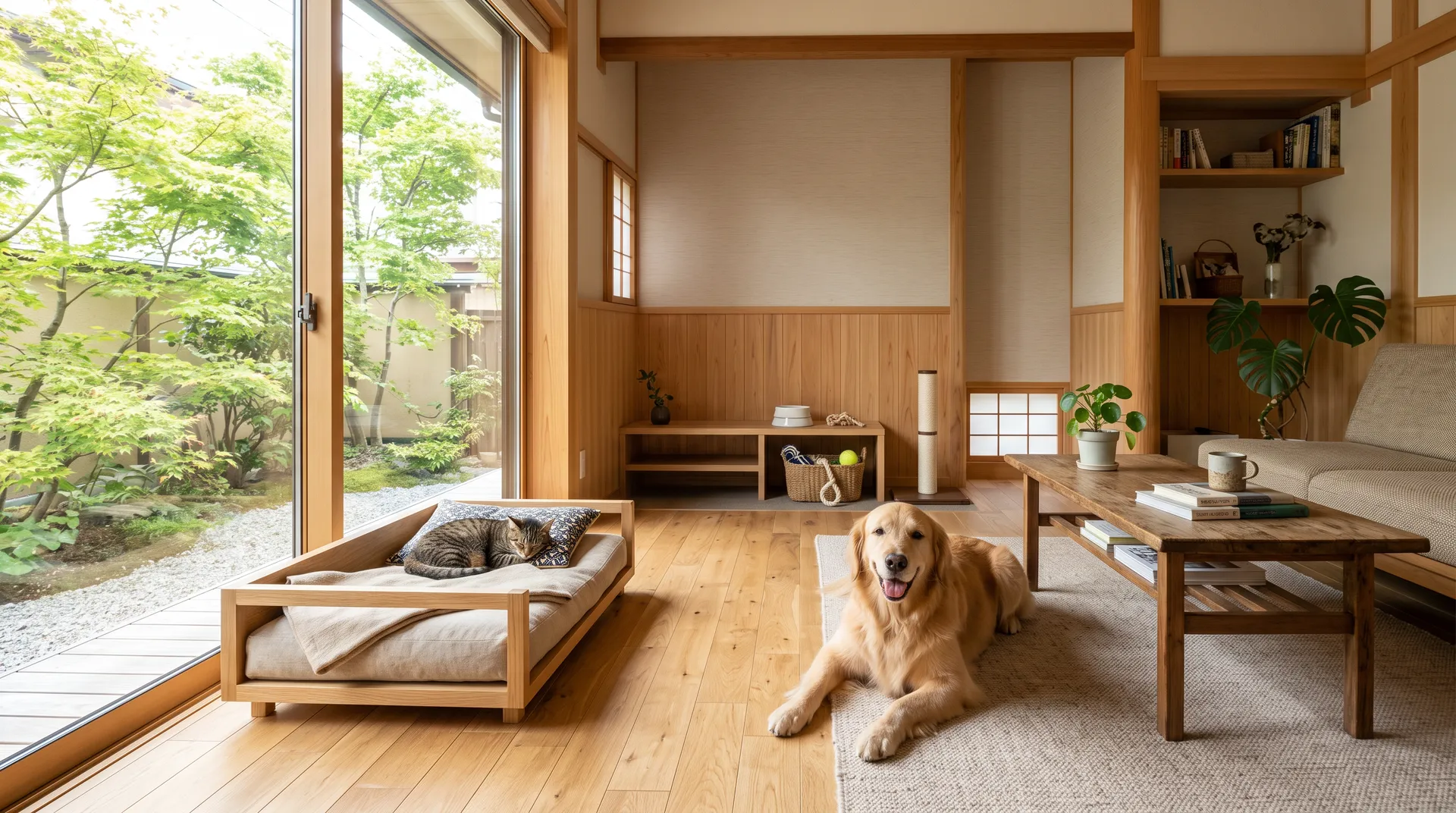 犬と猫がくつろぐペットに配慮したリビング