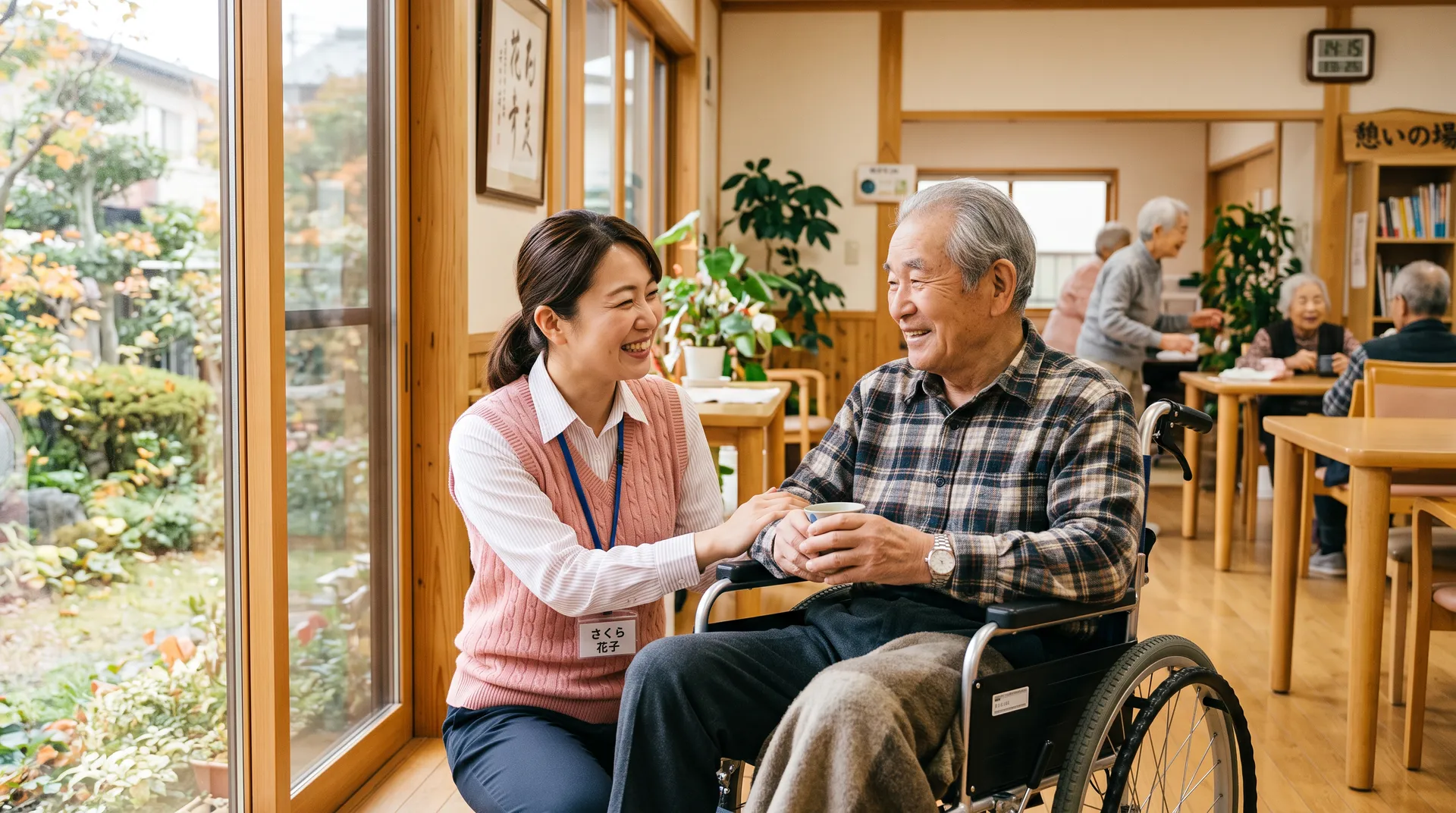 介護スタッフが車椅子の利用者に寄り添い、穏やかに話をしている施設の様子