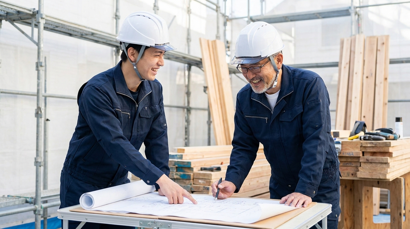 現場で笑顔を見せる若手社員とベテラン社員