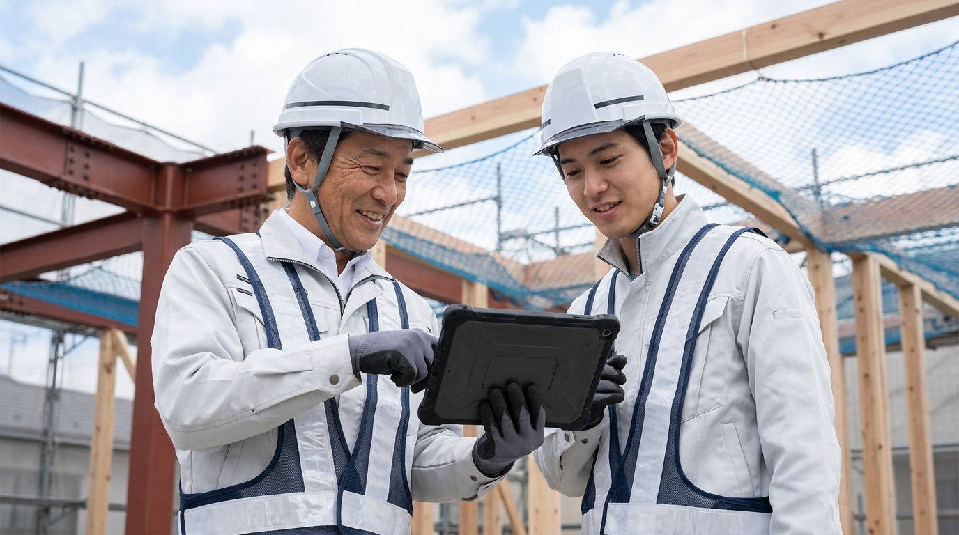 先輩社員から丁寧に指導を受ける若手社員の様子