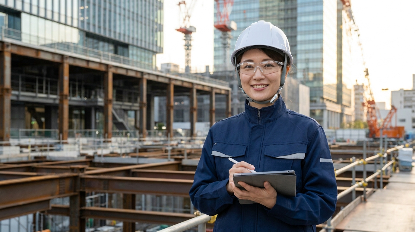 現場で図面を確認する女性施工管理技士
