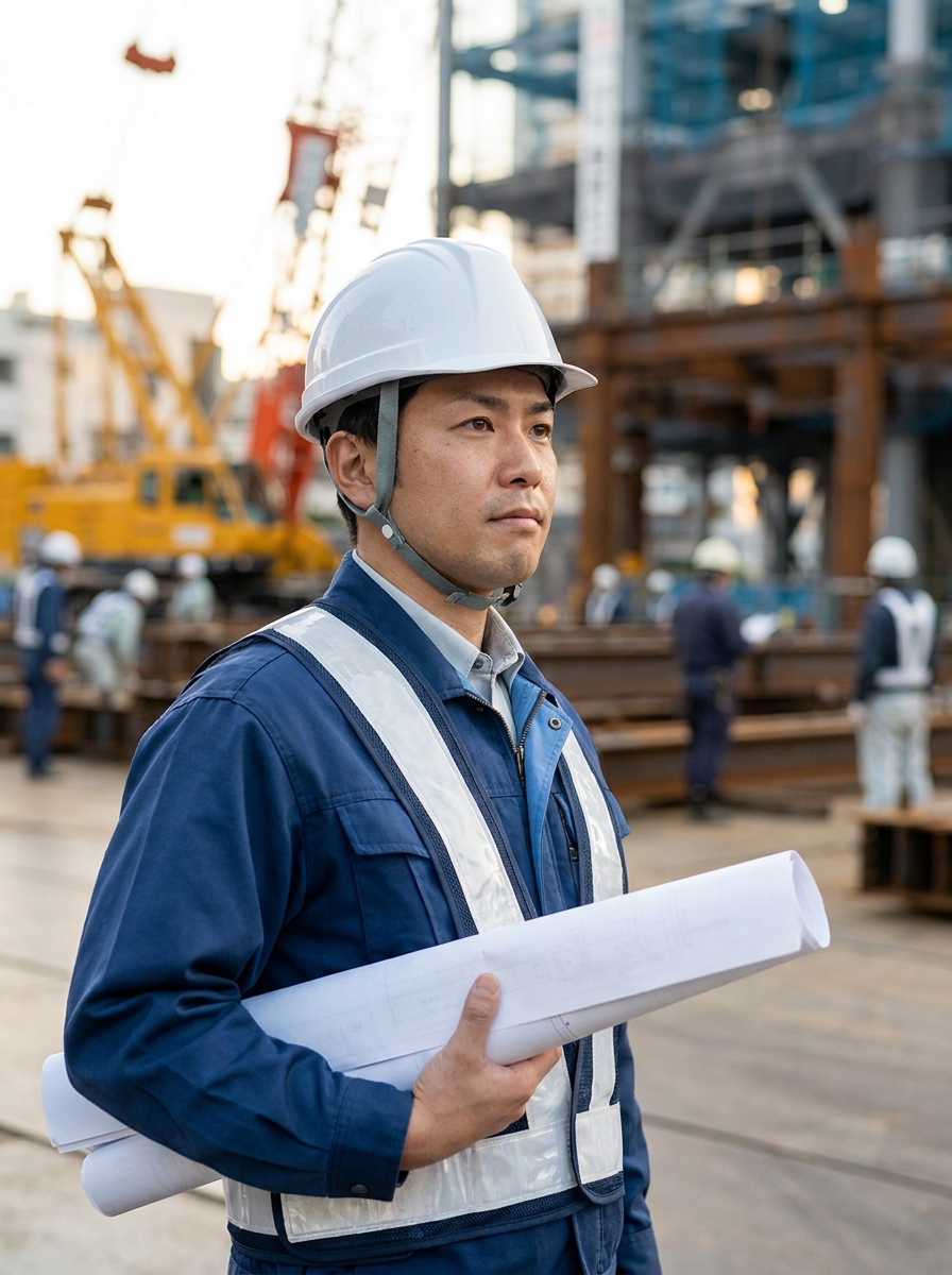 真剣な眼差しで図面を確認する中堅社員