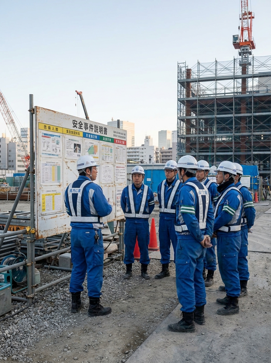 朝礼で安全確認をする作業員たち