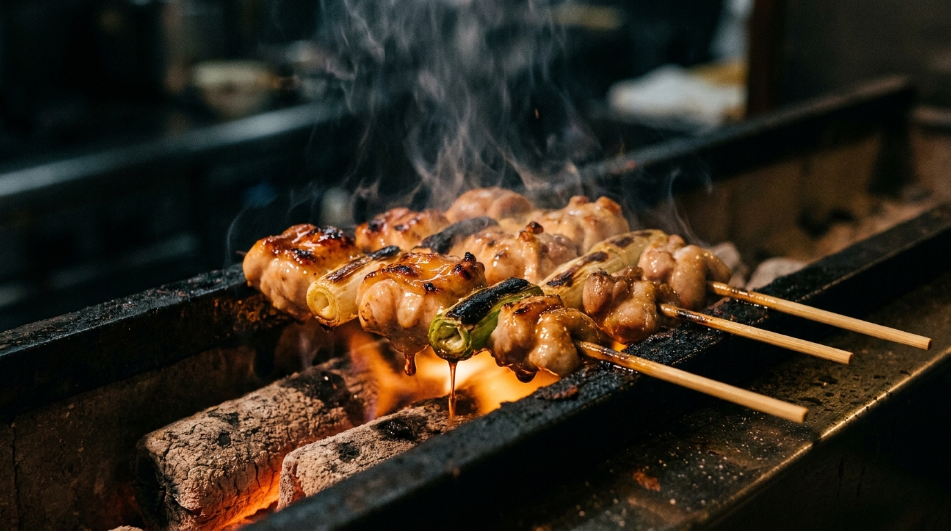 炭火で焼き上げる焼き鳥