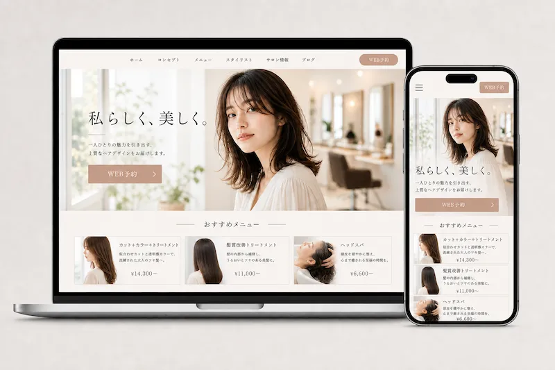 美容室・サロンの制作サンプル（PC・スマホ表示）