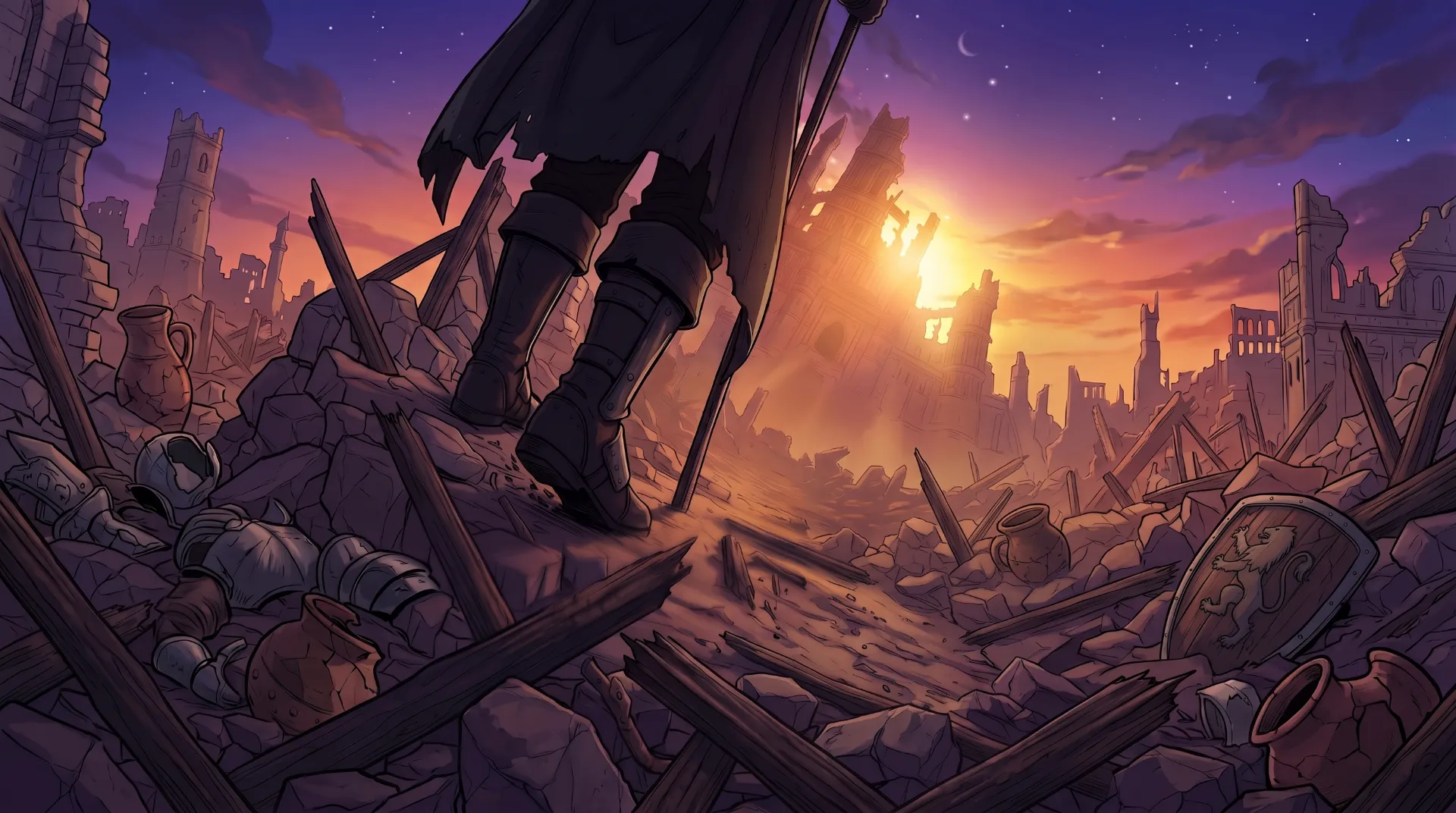夕日に照らされた廃墟と旅人を描いたファンタジー背景