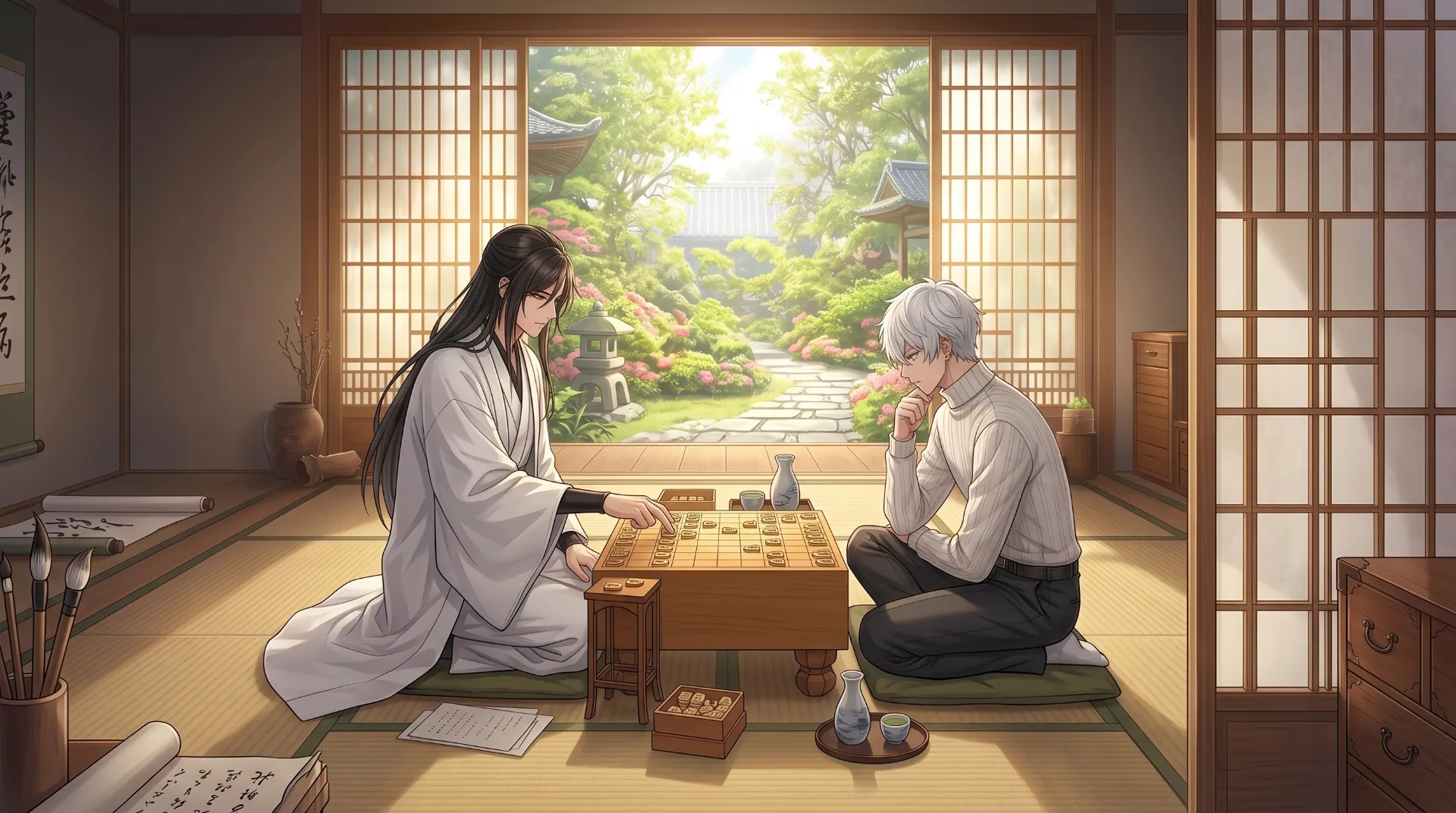 明るい和室で将棋を指す二人を描いたイラスト