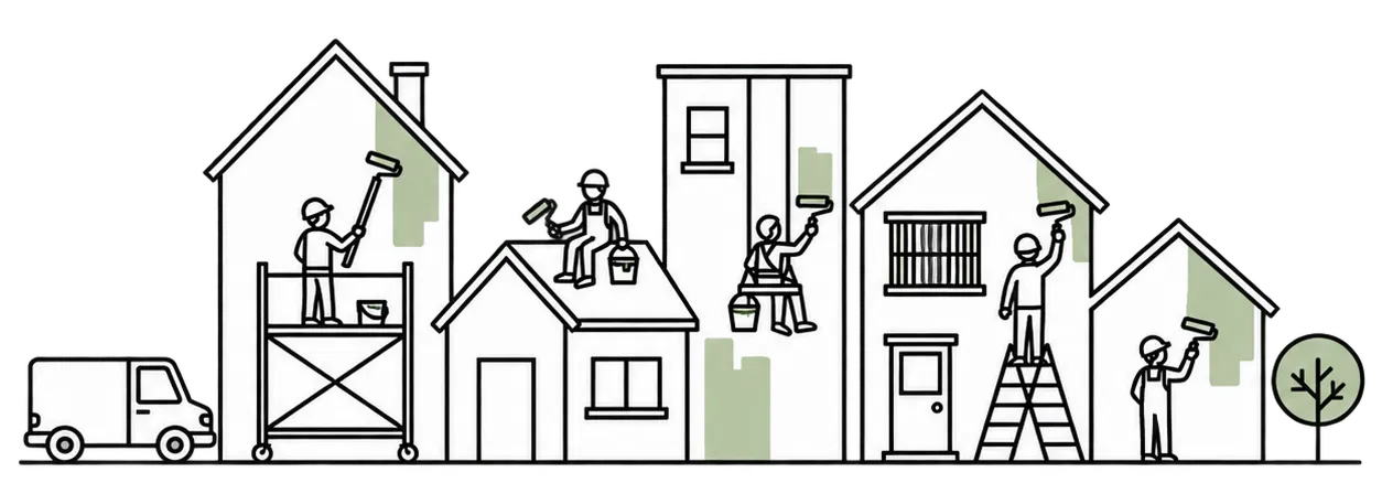 緑のトーンで描いた、職人が家の外壁を塗装しているイラスト