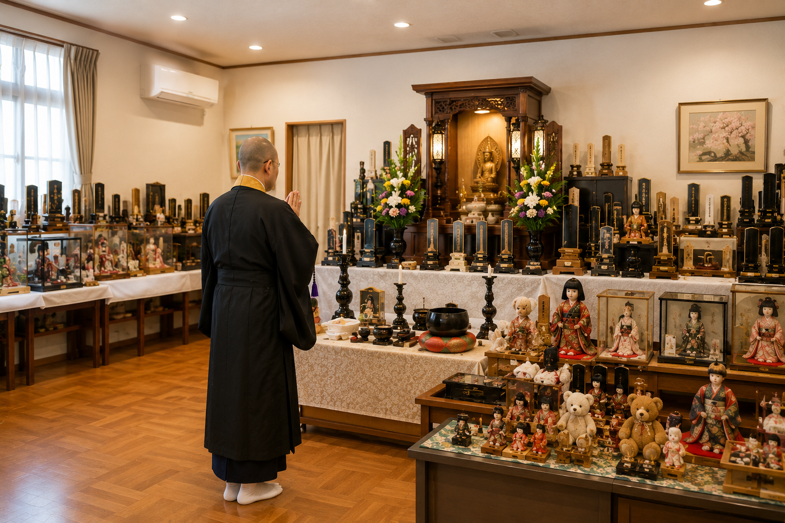 供養所の祭壇と僧侶の風景