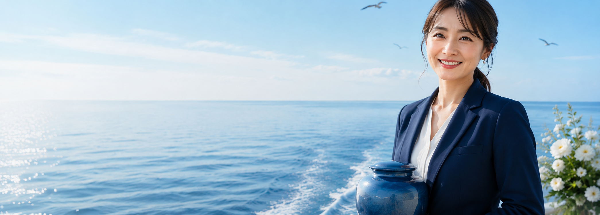 Woman holding an urn on a boat at sea